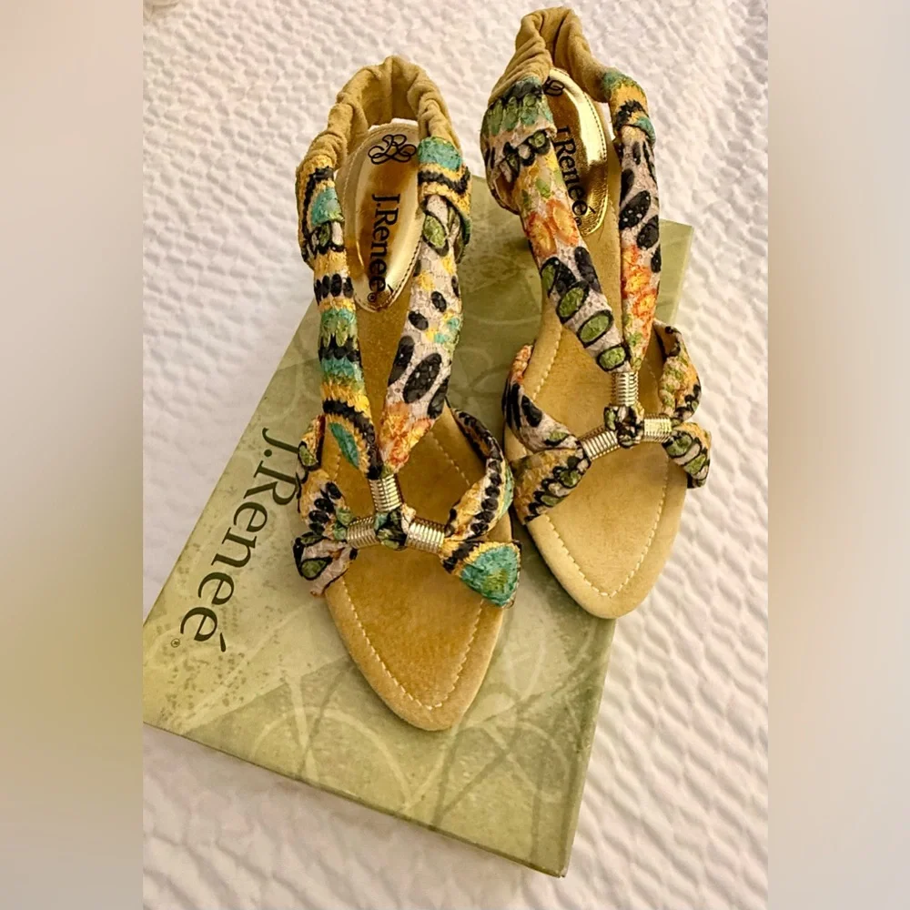 J.Renee Women's Sandals Heels Yolanda Yellow Lime Multi Eyelet Fabric Dressy NWT - Picture 3 of 16